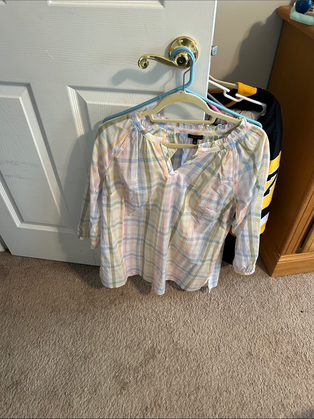 Talbots Pastel Plaid Peasant Blouse - White, Pink, Blue, Yellow, Green